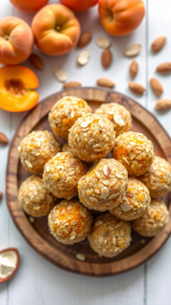 Nutritious Almond Apricot Energy Bites Recipe Almond apricot energy bites on a wooden platter with fresh apricots and almonds around.